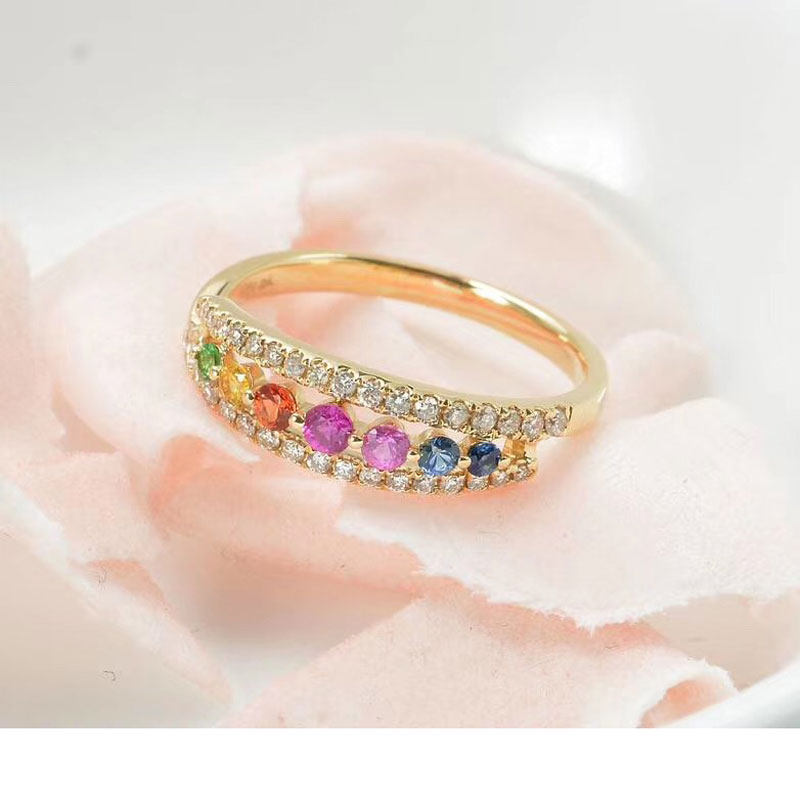 JH Jewelry Color Sapphire Diamond Ring 18K Gold Diamond Ring Rainbow Gradient Female Ring Aesthetic