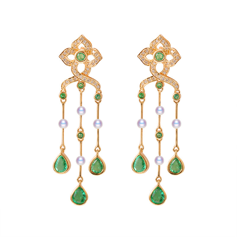 Junhuang Jewelry 18K yellow gold Diamond Stud earrings Water Drop Emerald gemstone earrings Vintage Tassel Pearl earrings