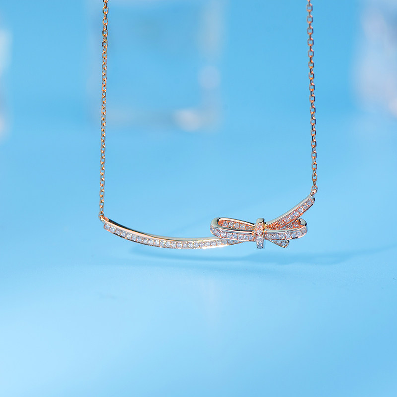 Jun Huang Jewelry 18K Gold Set Diamond Necklace Fashion Rose Gold Bow Diamond Collarbone Chain Women Go with everything