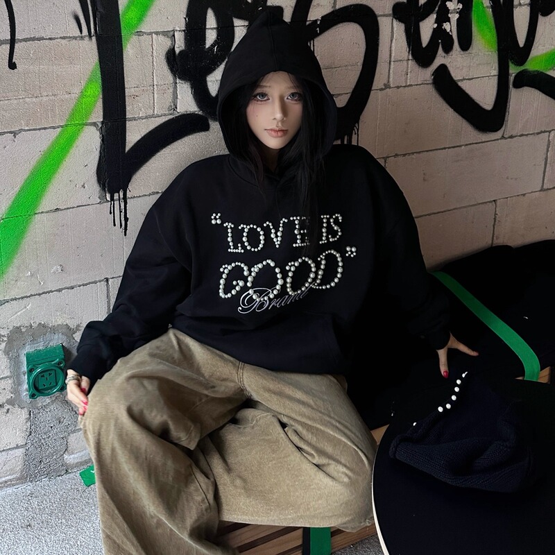 Authentic Goodbrand Loveisgood Pearl Accessible Luxury Fashion Hooded Sweatshirt for Men and Women Same Style Hoodie