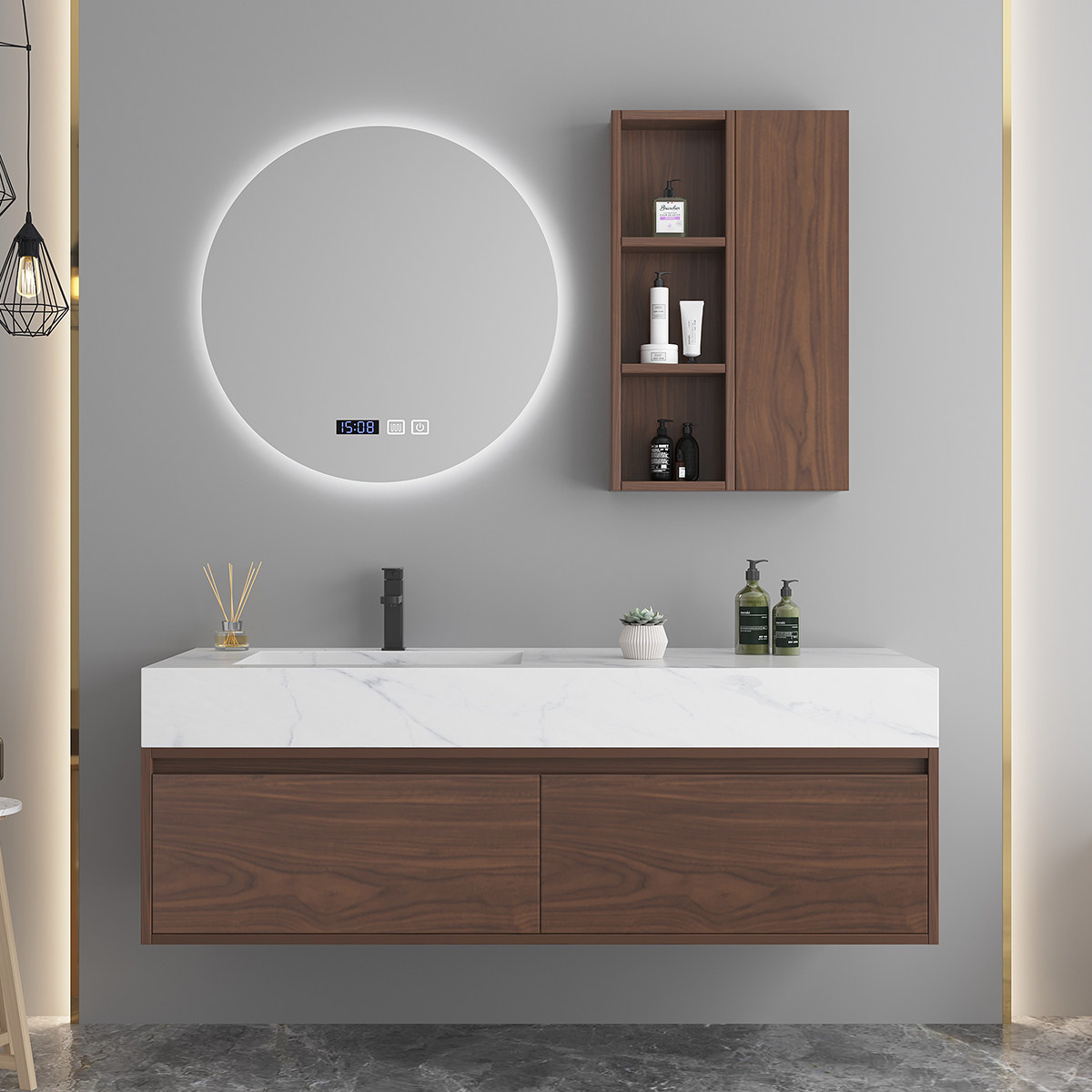 Nordic rock slab integrated basin bathroom cabinet combination Japanese style ins wind walnut color toilet wash face wash wash basin