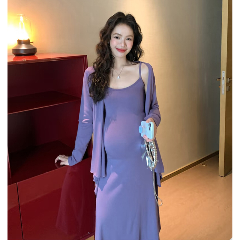 Maternity Wear 2026 Spring and Summer French Irregular Long-Sleeve Cardigan Suspender Dress Elegant Set Elastic Slimming Trendy