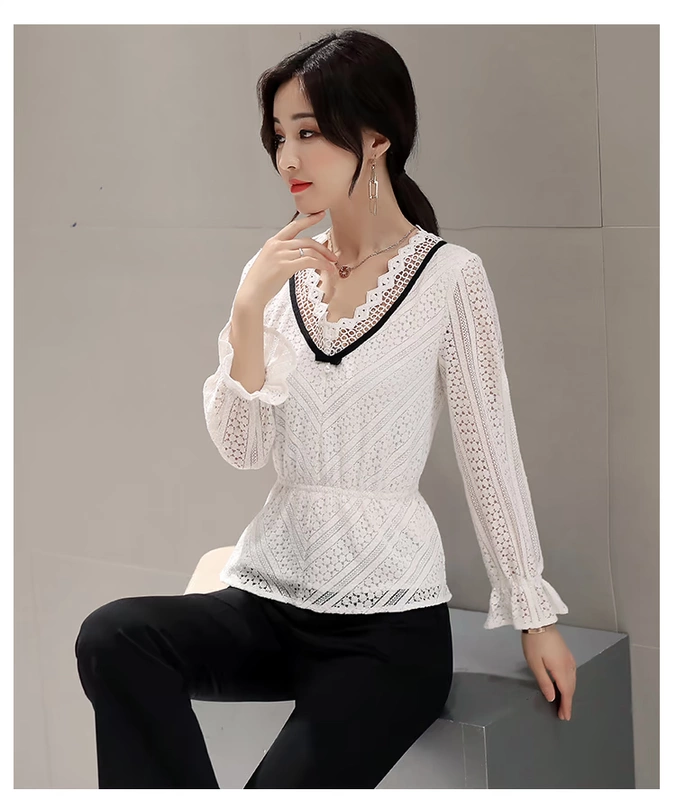 Xizi Sang ★ Áo voan đặc biệt Thu đông Thời trang Hàn Quốc Joker Chiffon Top Eo Thin Lace Shirt Women các kiểu áo sơ mi nữ ngắn tay đẹp