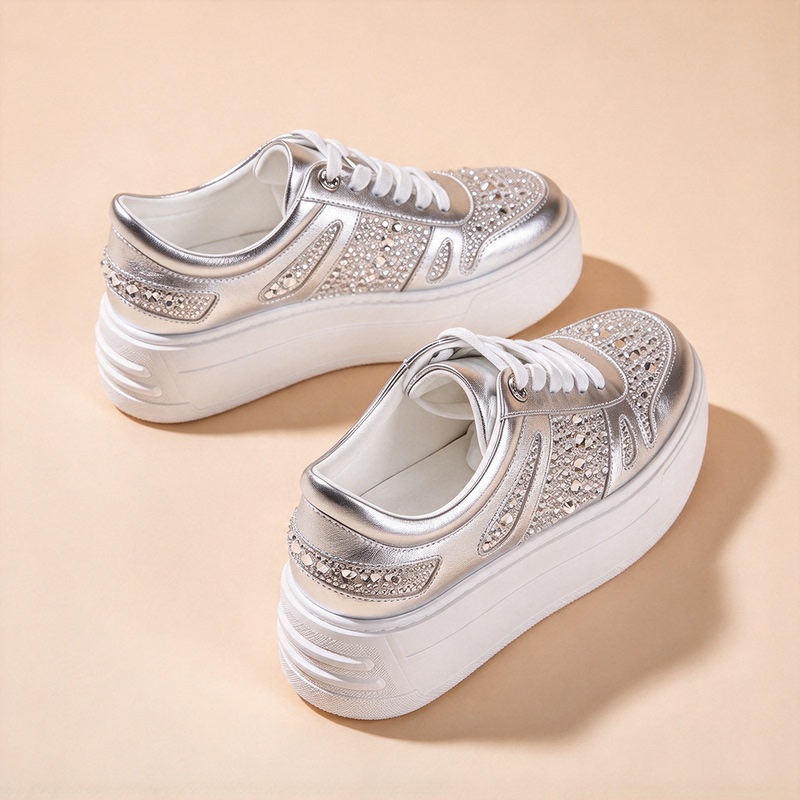 Silver Rhinestone Casual Shoes 2026 New Style Super Soft Sheepskin Insole Non-Tiring Soft Sole Lightweight Thick Sole Genuine Leather Women's Shoes Silver Rhinestone Casual Shoes 2026 New Style Super Soft Sheepskin Insole Non-Tiring Soft Sole Lightweight Thick Sole Genuine Leather Women's Shoes