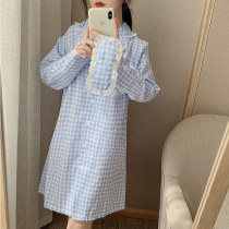 Sweet and cute pajamas womens autumn 2021 New Plaid wooden ear top trousers nightdress home suit