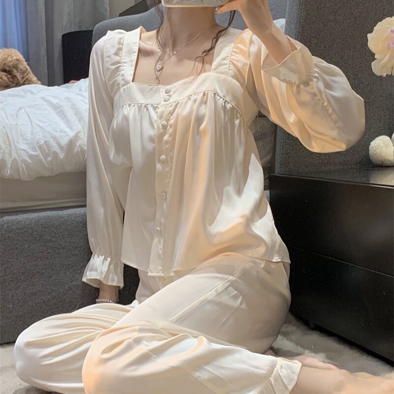 Princess style long-sleeved pajamas set women's 2022 spring and autumn new French style sweet and can be worn outside home service two-piece set