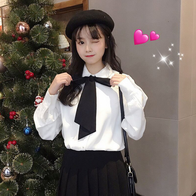 Shirt women's 2021 new autumn bow student white shirt design niche net red long-sleeved top