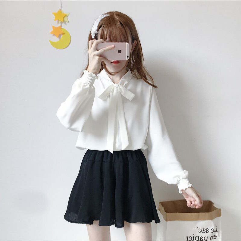 2023 new spring dress college style white shirt female design sense niche bow tie black shirt female