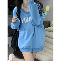 ins tide letter spicy girl V collar jacket head blue necropolis woman design sensation small crowdfall winter plus suede thickened jacket blouse