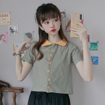 2021 summer new college style sweet color Polo breasted stripe short sleeve T-shirt female Joker short top