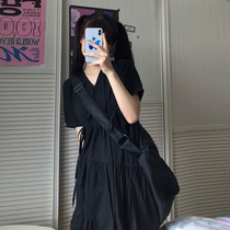 Diablo V neck waist waist thin Platycodon skirt 2021 summer new French niche dress women Black Summer