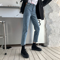 2022 new 100 lapped irregular ripping edge elastic jeans Childrens spring and autumn students 90% Slim Straight Drum Pants Tide