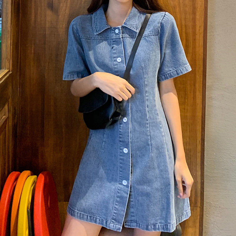 Retro Cowboy Polo - collar dress girl 2023 new summer closing slim small skirt short skirt