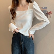Legal Square Collar Lock Bone Long Sleeve T-Shirt Woman 2022 Chunqiu Bubble with a small crowdblouse with a bottom-shirt tide