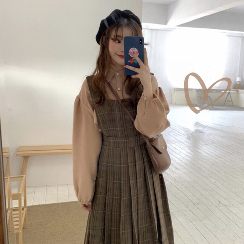 Foreign Dress Lady Autumn 2022 New Plaid Cuddling Bag Skirt Dresses Students Spring and Autumn Two sets of Inn Wind Long skirts