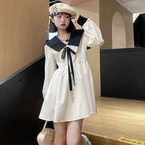 Style Collision Color Navy Collar Butterfly Knot Long Sleeve Dress Dress Spring Dress 2022 New Woman Design Sense Cashew Skirt