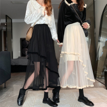 French gentle style girl cake skirt mesh skirt slim irregular puffy skirt black skirt womens spring dress