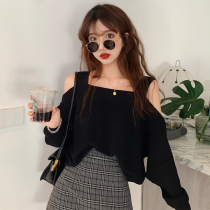 Western style girl focus loose wild collar off-the-shoulder hollow long-sleeved sweater nv chun zhuang temperament coat
