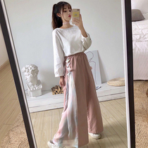 Set female 2021 autumn dress temperament improved Chinese clothes cute girl Net red shirt autumn wide leg trousers fashion two-piece set