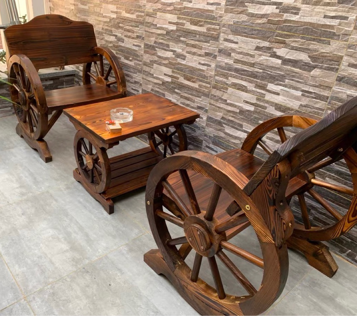 Balcony Outdoor Patio Wooden bar table and chairs Chair Tea Table Combination Garden Carbonated Solid Wood Single Wheels Table Stool