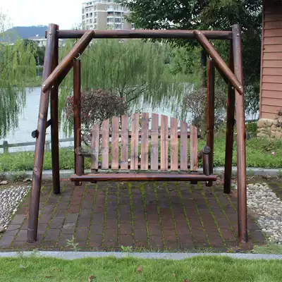 Carbonized solid wood outdoor hanging chair Balcony Villa rocking chair Outdoor courtyard double leisure garden log swing with roof