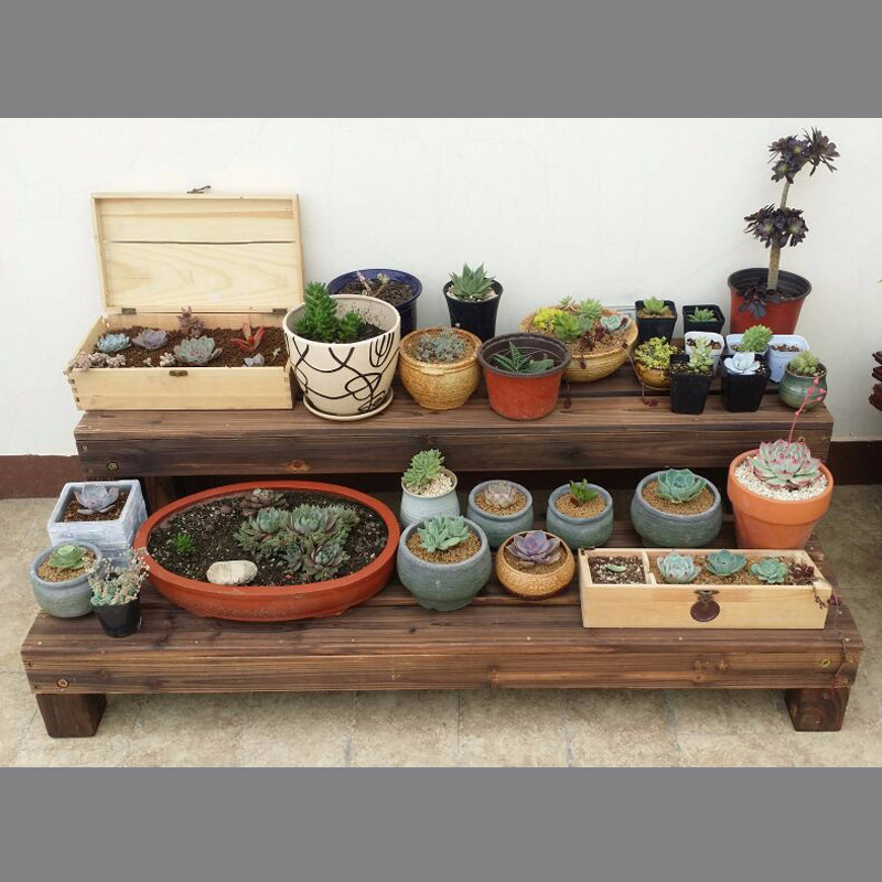 Carbonized solid wood steps outdoor flower stand bathroom pedal balcony garden step stool pastoral flower succulent shelf