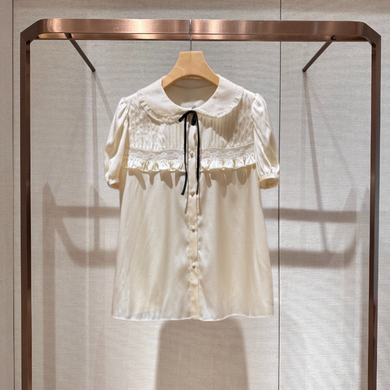 2026 New Summer Style Doll Collar Patchwork Ruffled Lace Bow Single-Breasted Shirt Top Xsj3S10D