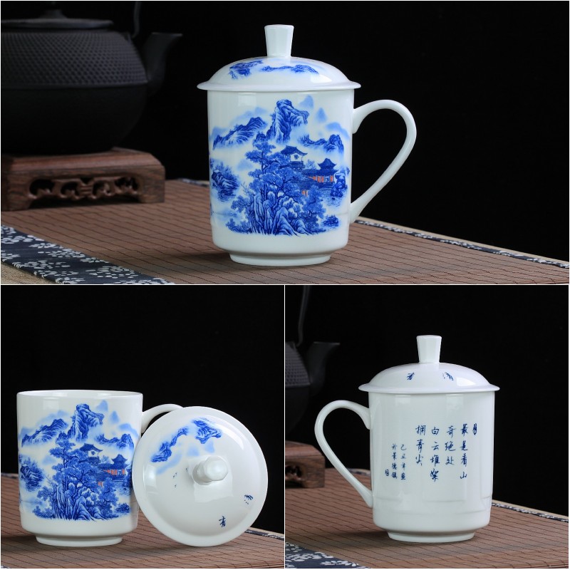 Jingdezhen ceramics cup with cover office meeting gift ipads China cup blue and white porcelain cup can be customized design and color