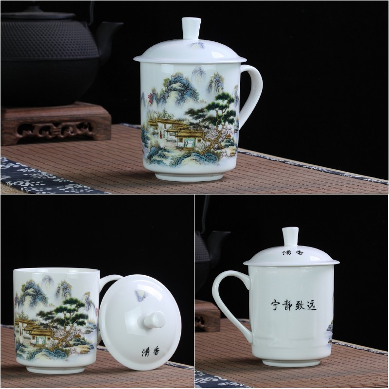 Jingdezhen ceramics cup with cover office meeting gift ipads China cup blue and white porcelain cup can be customized design and color