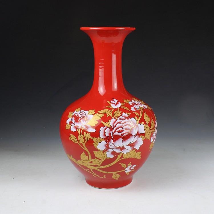 Jingdezhen ceramics vase Chinese red riches and honor peony large vase decoration decoration that occupy the home furnishing articles