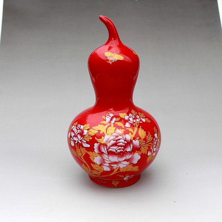 Jingdezhen red paint peony gourd ceramic bottle gourd shape ornament furniture