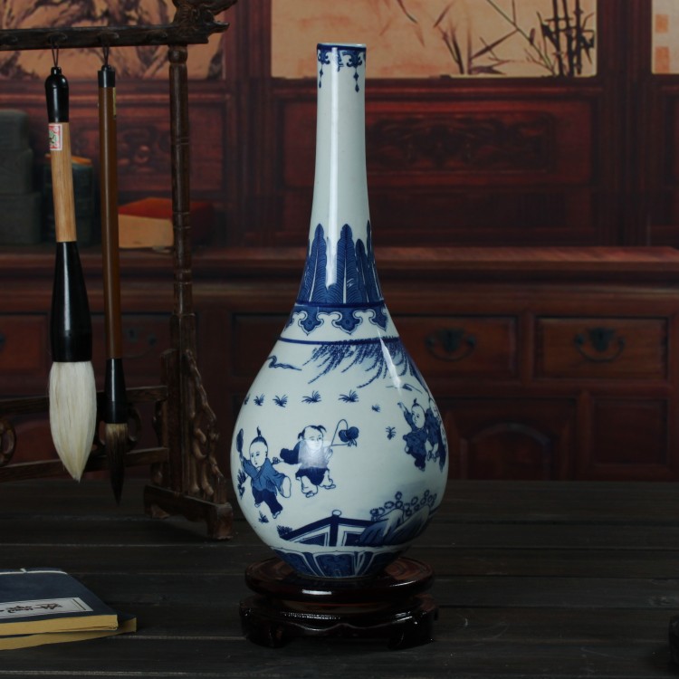 Jingdezhen blue and white glazed pottery and porcelain vase color lad figure beauty bottle of home decoration decoration