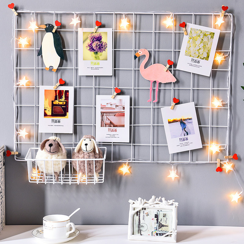 Grid photo wall decoration girl wall ins creative dormitory photo wall Hemp rope clip hanging incognito nail iron frame