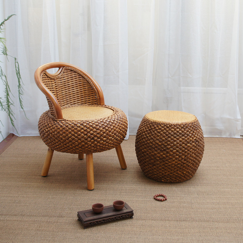 Rattan small chair for shoe changing stool round pier Round Mound Balcony Backrest chair Fujii Chair Dwarf Chair Tatami Sitting Stool Short Bench