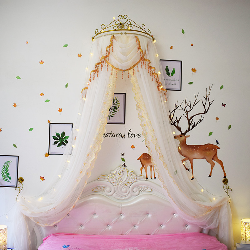 Bed curtain princess wind mosquito net cute girl French bed curtain bedside pink gauze curtain crown frame bed curtain yarn