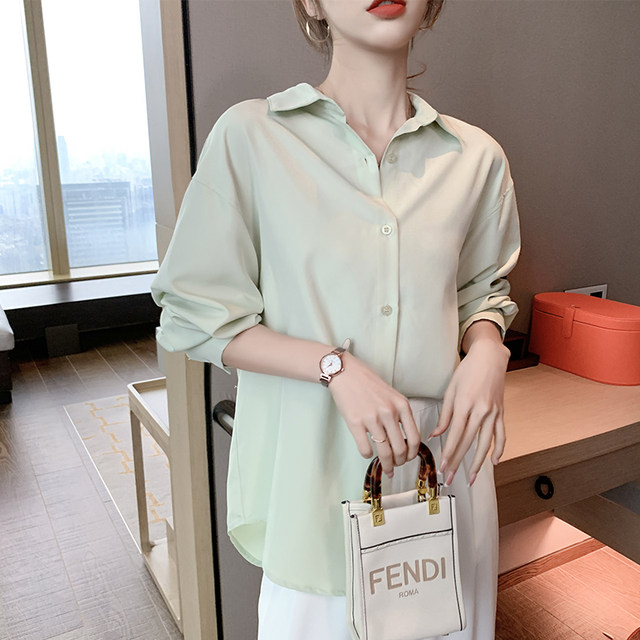 Light green shirt women's long-sleeved thin coat high-end 2022 summer new mid-length solid color top