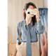 2022 spring new blue chiffon shirt women's temperament bow ribbon small shirt early spring sweet and chic top