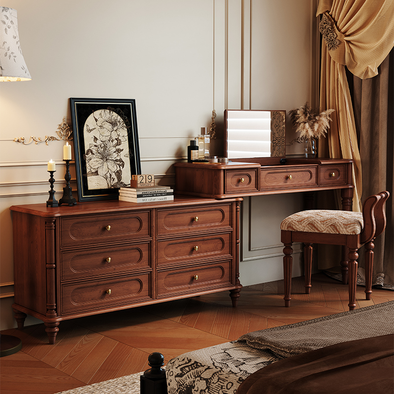 Retro Solid Wood Dresser and Chest of Drawers in One, Walnut Color, Bedside Bedroom High-End Storage Cabinet, American-Style Flip-Top Dressing Table