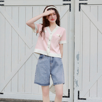 Blue Language Big Code Women Dress Fat Mm Gentle Pink Knit Cardiovert 2022 Summer New Loose Veil V collar blouse