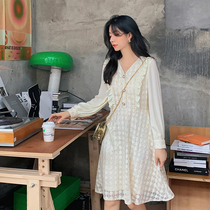 Blue language large size womens fat sister mm gentle age mesh dress 2021 early autumn new waist A- line dress