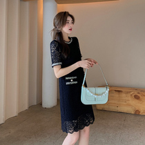 Blue Language Big Code Woman Dress Fat Mm Famous Yuan Wind Lace Little Black Dress 2022 Summer New Loose Tibetan Meat Temperament Even Dress