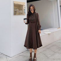 Blue language large size womens fat sister mm French Plaid waist bottom lotus leaf skirt winter new knee dress