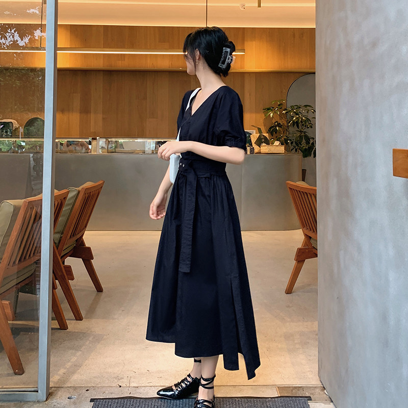 Blue language big size women's dress Fat sister mm French Temperament Ocean Dress 2022 Summer Dress New Cashew Slim Fit Slim Black Dress