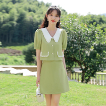 Blue Language Big Code Woman Dress Fat Mm Doll Collar Blouse High Waist Half Body Skirt 2022 Summer name Yuanyan Wind Conspicuy two sets