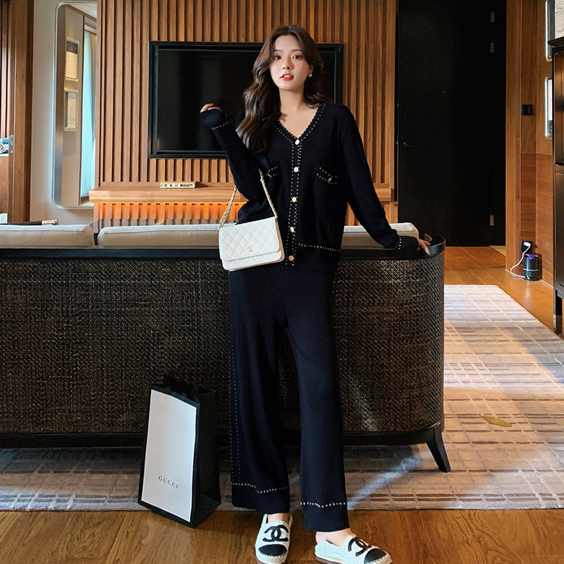 Blue Language Great Size Women's Dress Fat Sister MmV Collar Knit Sweatshirt Broadlegged Pants 2022 Spring New Cover Slim Fit