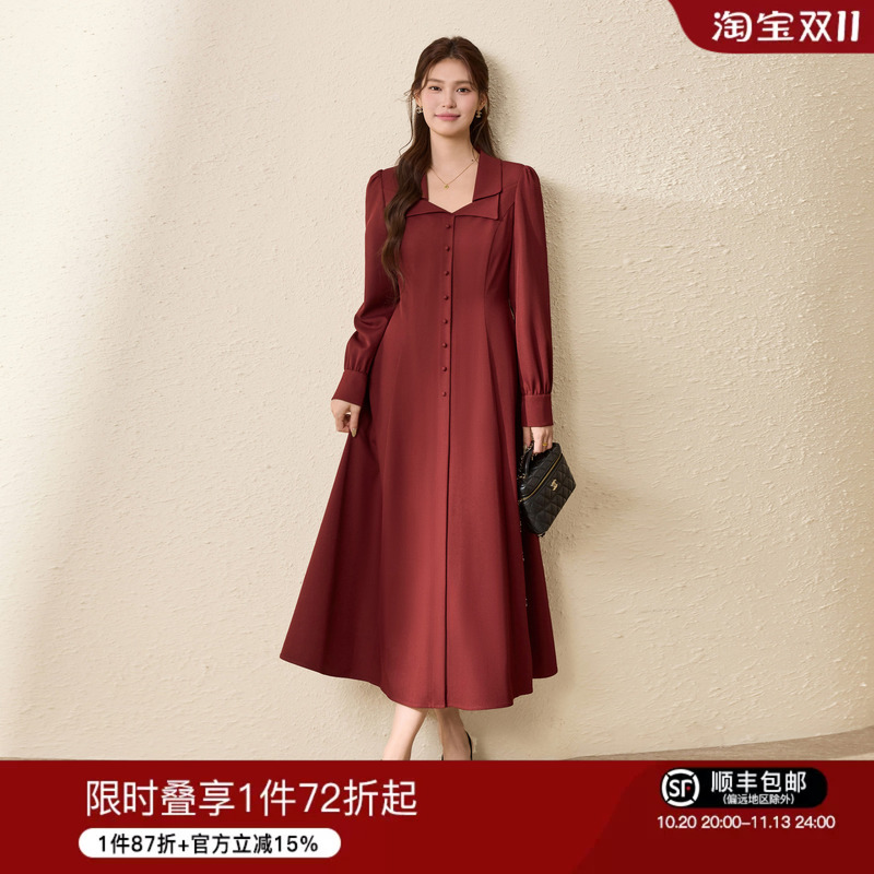 Blue Language Plus Size Women's Clothing Retro Lapel Red Engagement Dress 26 Autumn New Hepburn Style Waist-Cinching A-Line Long Dress