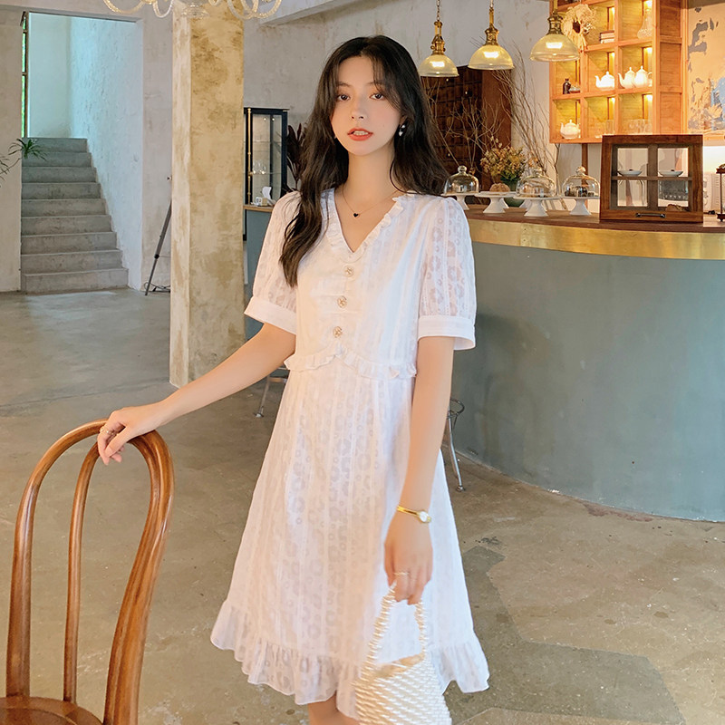 Blue Language Great Size Women Dress Fat Sister Mm Temperament V Collar Lotus Leaf Side Fairy Dress 2022 Summer Cashew Waist Display Slim Ocean Dress