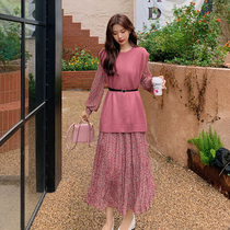 Lan language large size womens fat sister mm foreign knit waistcoat dress autumn and winter New waist slim two-piece set