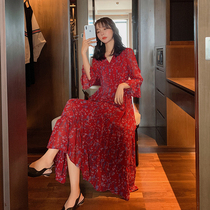 Blue language large size womens fat sister mm temperament chiffon floral long skirt 2021 early autumn new waist dress dress