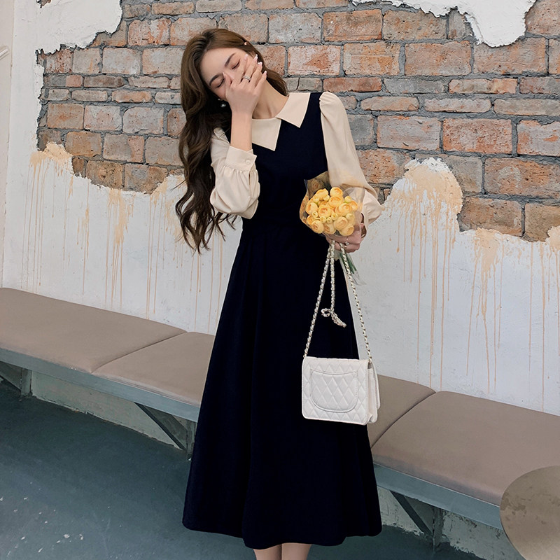 Blue language large size women's clothing fat sister mm French temperament shirt long skirt autumn new thin fake two-piece dress